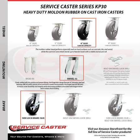 Service Caster 6 Inch Kingpinless Rubber on Steel Wheel Swivel Caster with Brake SCC-KP30S620-RSR-SLB